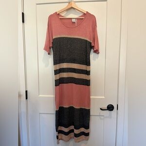 ICHI stripped black pink sparkle bodycon midi short sleeve preppy dress Sz L